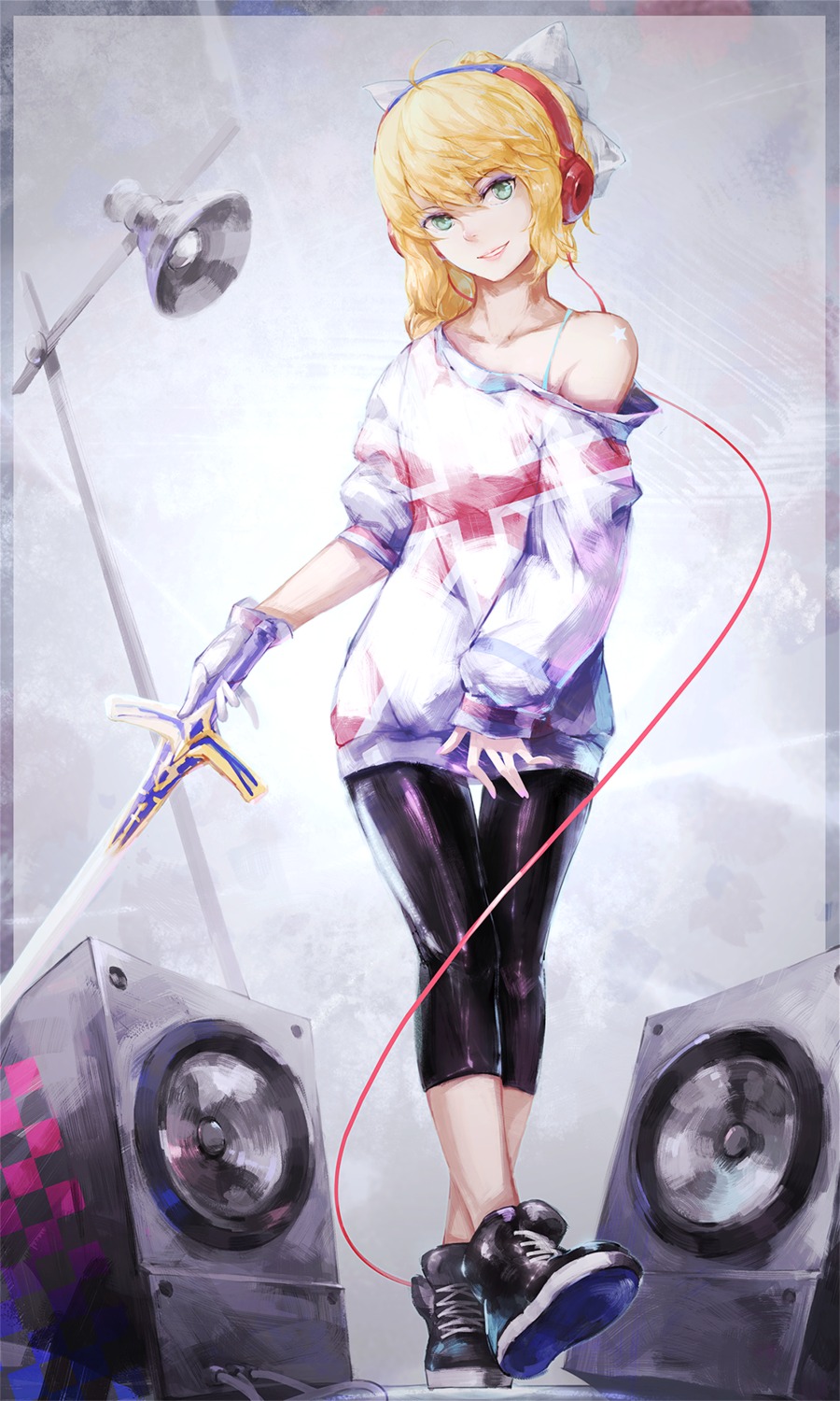 artoria_pendragon_(fate), fate/stay_night, headphones, labombardier!, sword