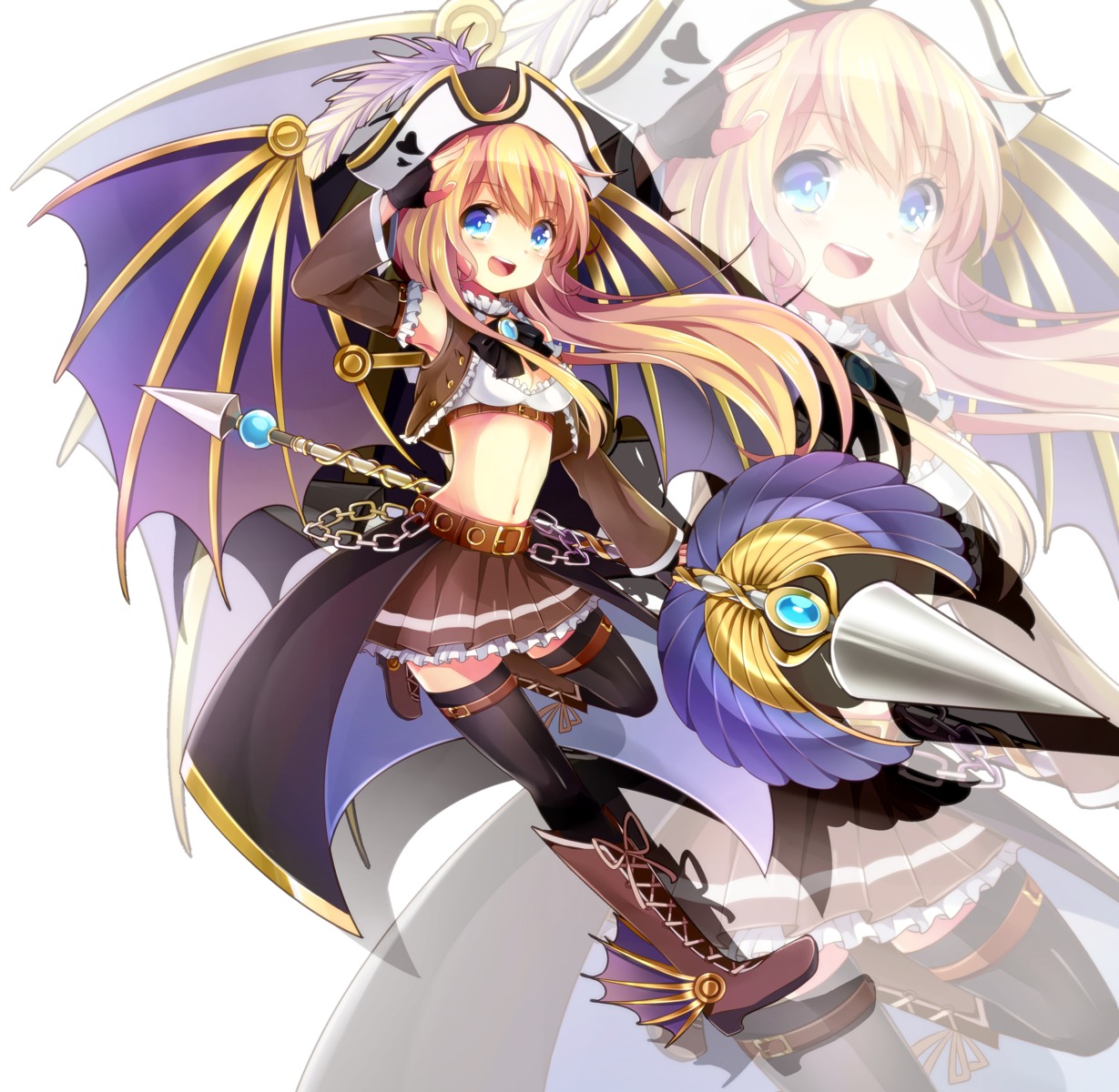 cleavage, heels, nekoame, thighhighs, weapon, wings