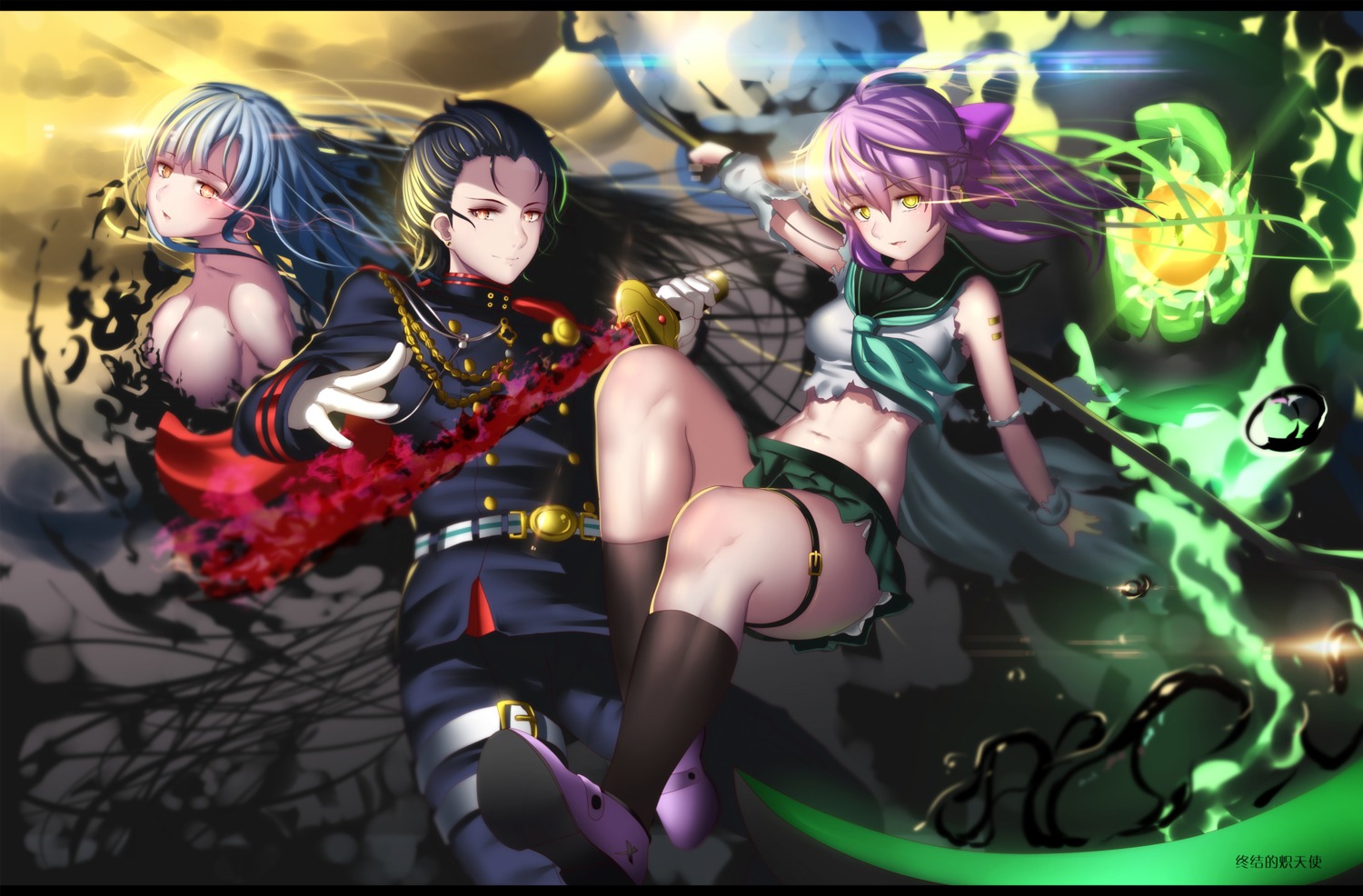 cleavage, garter, hiiragi_shinoa, hk_(hk), ichinose_guren, no_bra, owari_no_seraph, seifuku