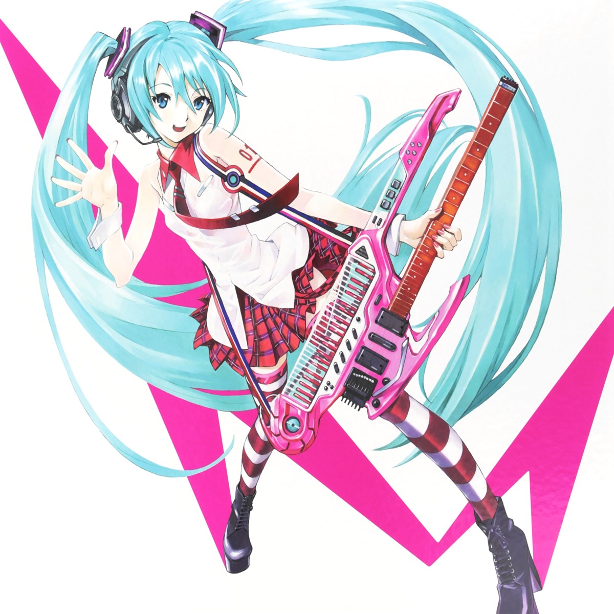 guitar, hatsune_miku, headphones, heels, sadamoto_yoshiyuki, tattoo, thighhighs, vocaloid