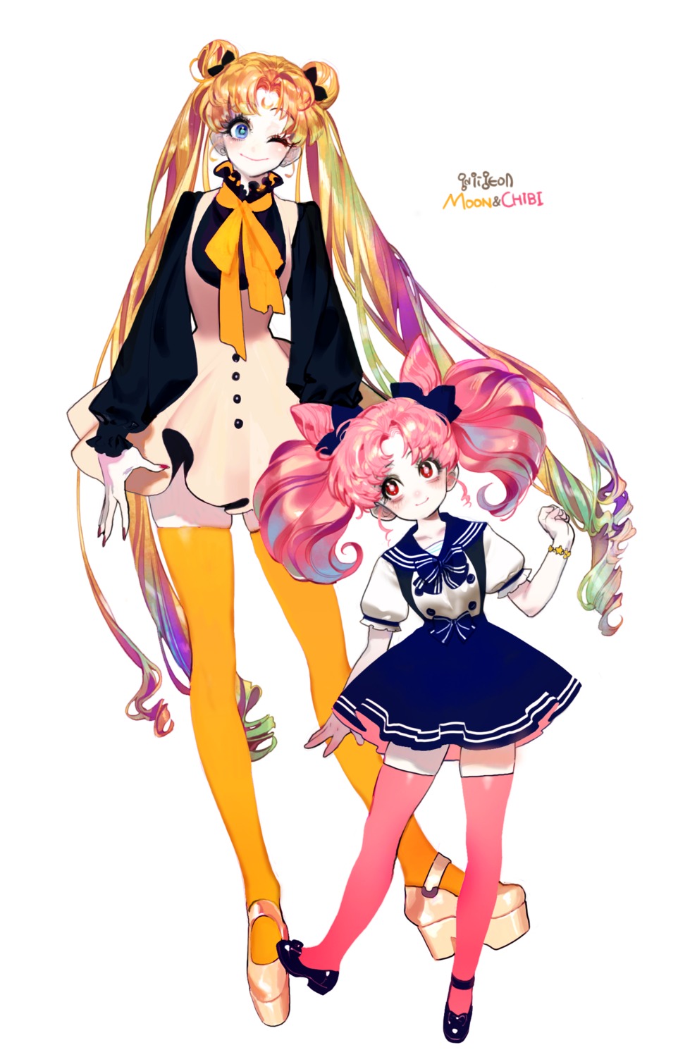 bishoujo_senshi_sailor_moon, chibiusa, cleavage, dress, heels, pigeon_(666pigeon), thighhighs, tsukino_usagi