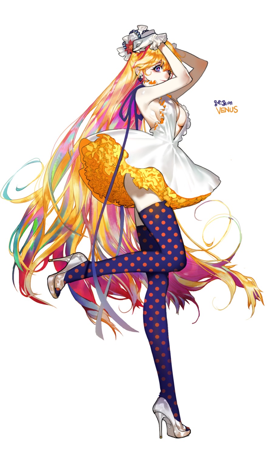 aino_minako, bishoujo_senshi_sailor_moon, cleavage, dress, heels, no_bra, pigeon_(666pigeon), thighhighs