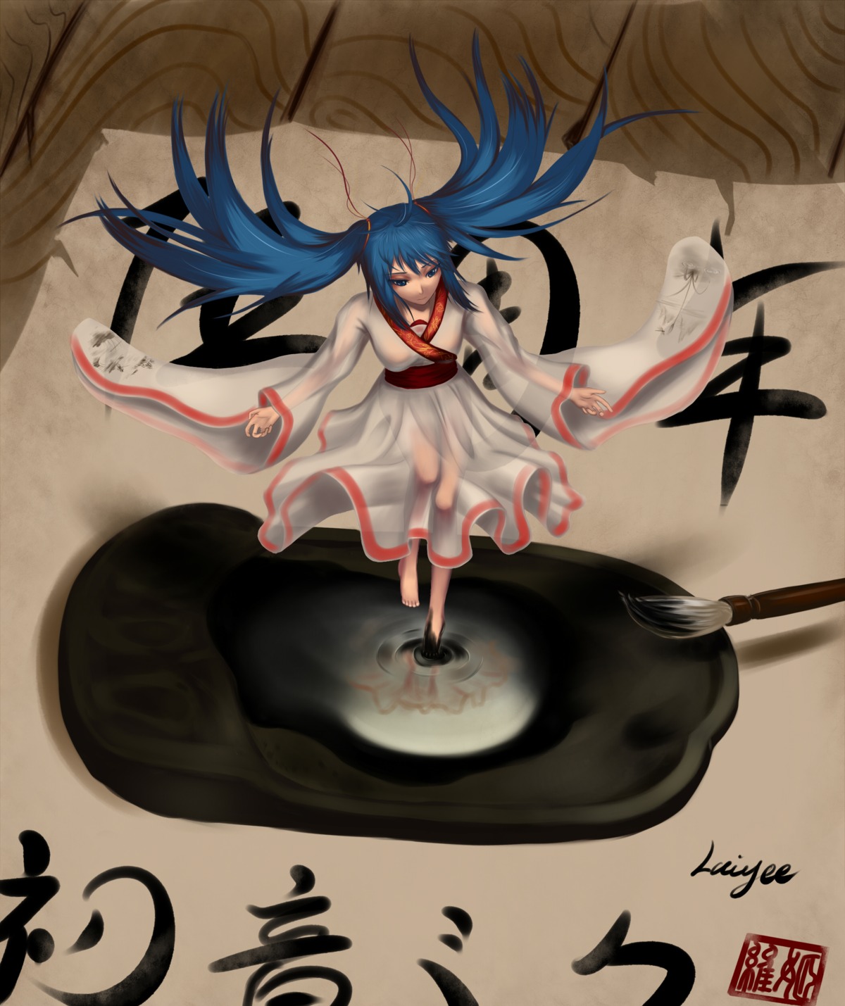 asian_clothes, hatsune_miku, see_through, vocaloid, wei_ji, wet