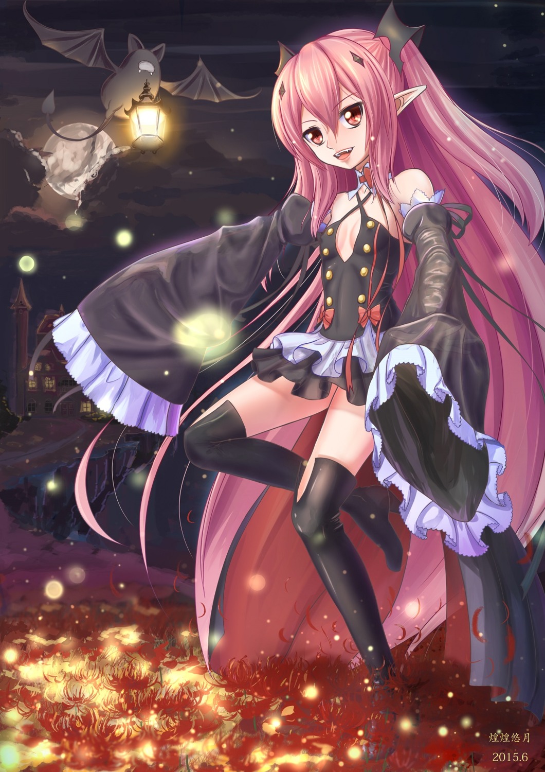 cleavage, heels, huanghyy, krul_tepes, no_bra, owari_no_seraph, pointy_ears, thighhighs