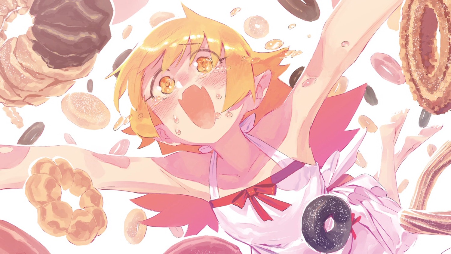 bakemonogatari, chomoran, dress, monogatari_(series), nisemonogatari, oshino_shinobu, pointy_ears, summer_dress