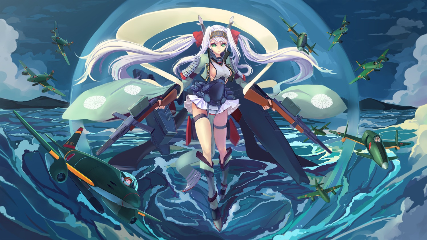 anthropomorphization, armor, fairy_(kancolle), gun, no_bra, sima_naoteng, wallpaper, world_of_warships
