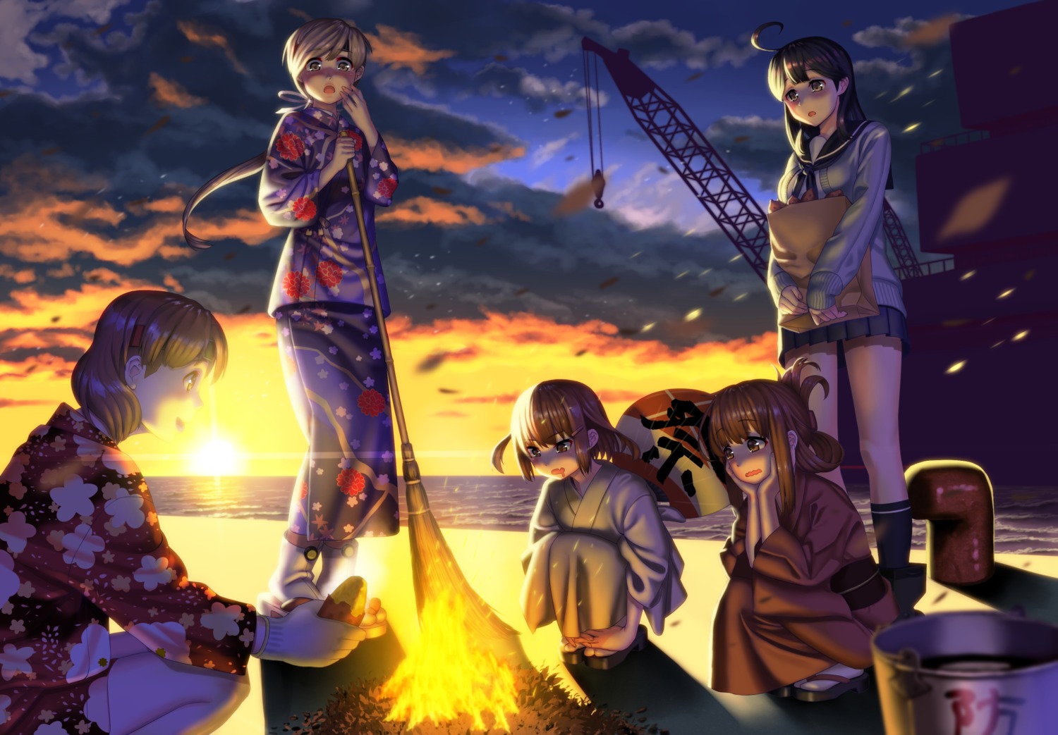chitose_(kancolle), chiyoda_(kancolle), ikazuchi_(kancolle), inazuma_(kancolle), kantai_collection, misumi_(niku-kyu), seifuku, sweater, ushio_(kancolle), yukata