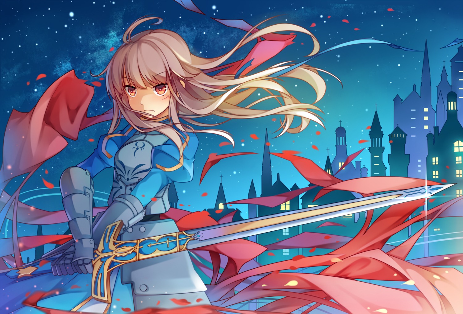 armor, asuna_(sword_art_online), cosplay, dress, fate/stay_night, koxo-01, sword, sword_art_online