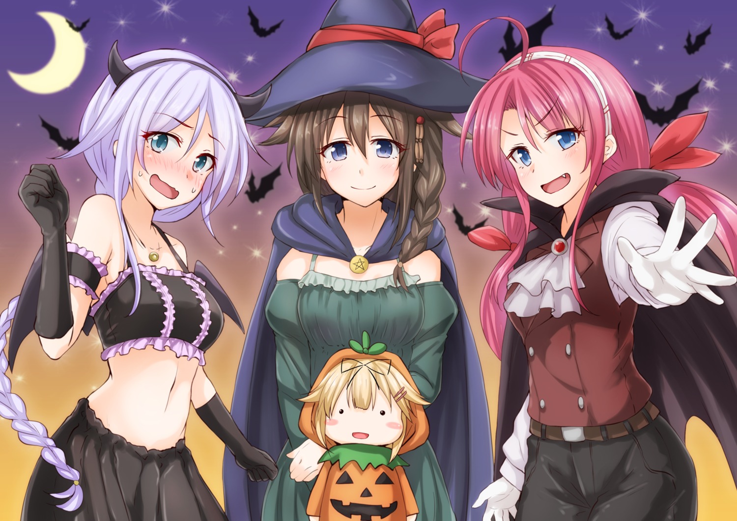 anti_(untea9), chibi, halloween, horns, kantai_collection, kawakaze_(kancolle), shigure_(kancolle), umikaze_(kancolle), wings, witch, yuudachi_(kancolle)