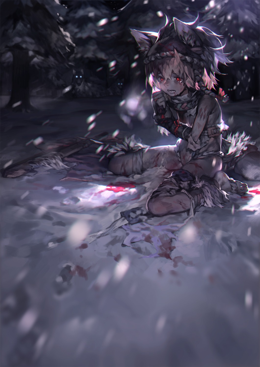 animal_ears, bandages, blood, sword, yotsuyu