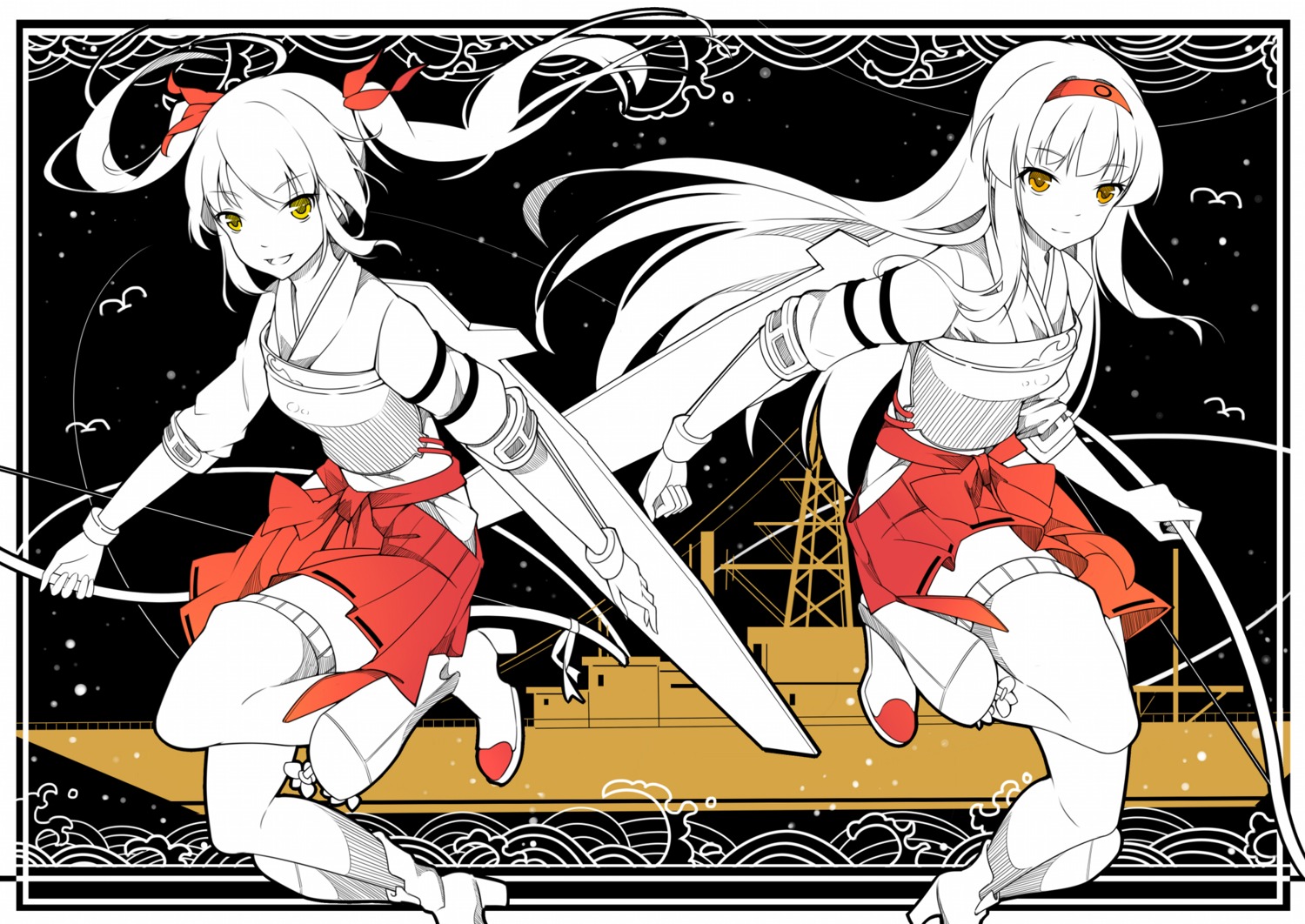 heels, kantai_collection, koxo-01, shoukaku_(kancolle), thighhighs, weapon, zuikaku_(kancolle)