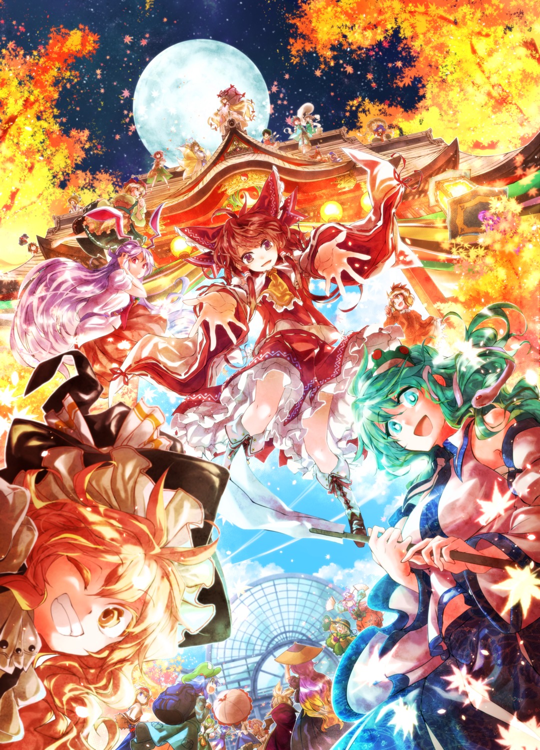 alice_margatroid, animal_ears, chen, cirno, hakurei_reimu, hokuto_(scichil), ibuki_suika, izayoi_sakuya, kawashiro_nitori, kirisame_marisa, kochiya_sanae, konpaku_youmu, moriya_suwako, reisen_udongein_inaba, remilia_scarlet, saigyouji_yuyuko, touhou, wings, yakumo_ran, yakumo_yukari, yasaka_kanako