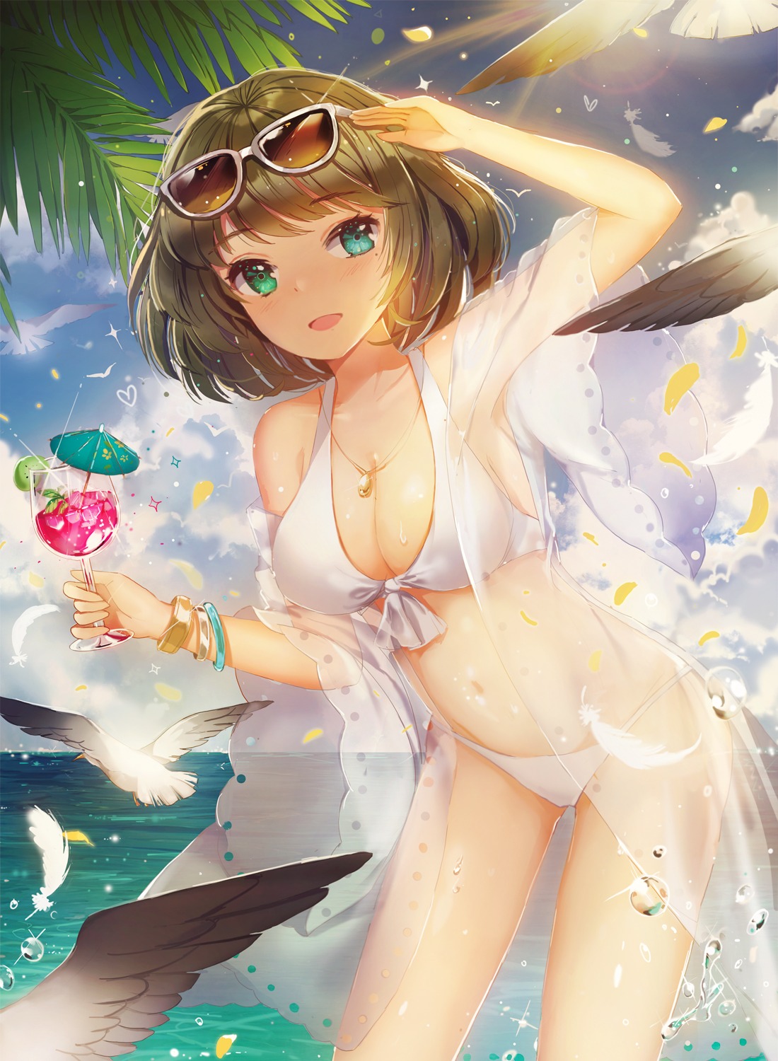 bikini, cleavage, dangmill, heterochromia, megane, open_shirt, see_through, swimsuits, takagaki_kaede, the_idolm@ster, the_idolm@ster_cinderella_girls