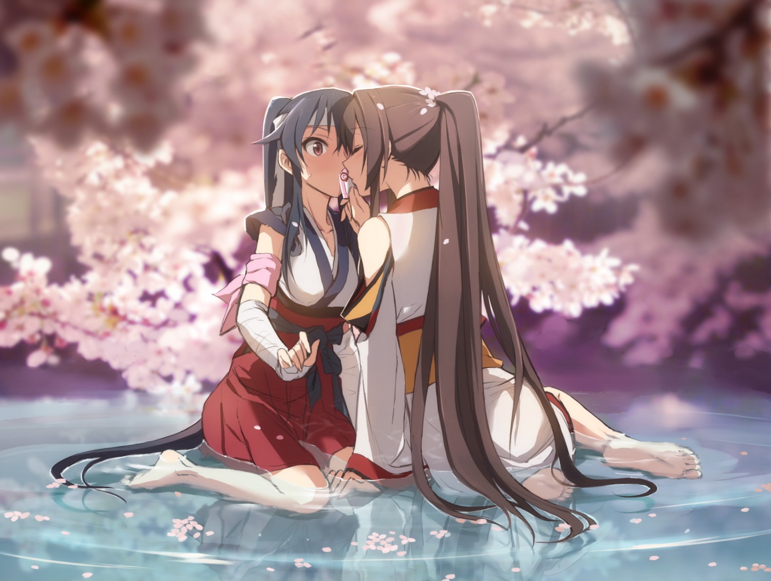 bandages, japanese_clothes, kantai_collection, kisetsu, wet, yahagi_(kancolle), yamato_(kancolle), yuri
