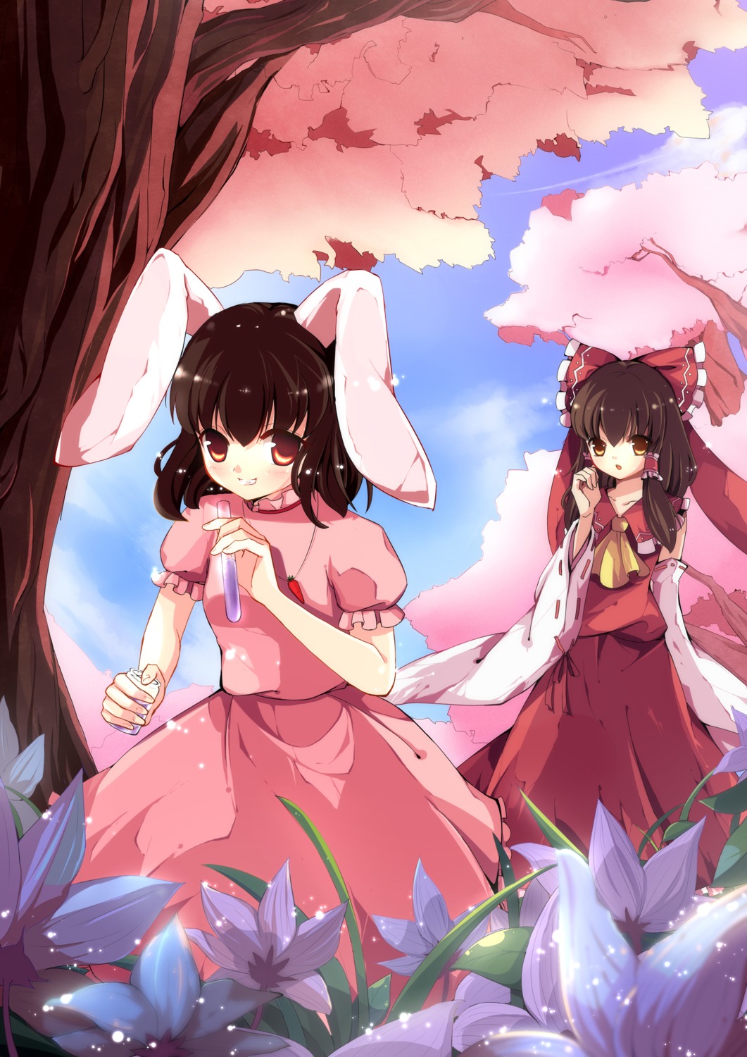 animal_ears, bunny_ears, dress, hakurei_reimu, inaba_tewi, pandako, touhou