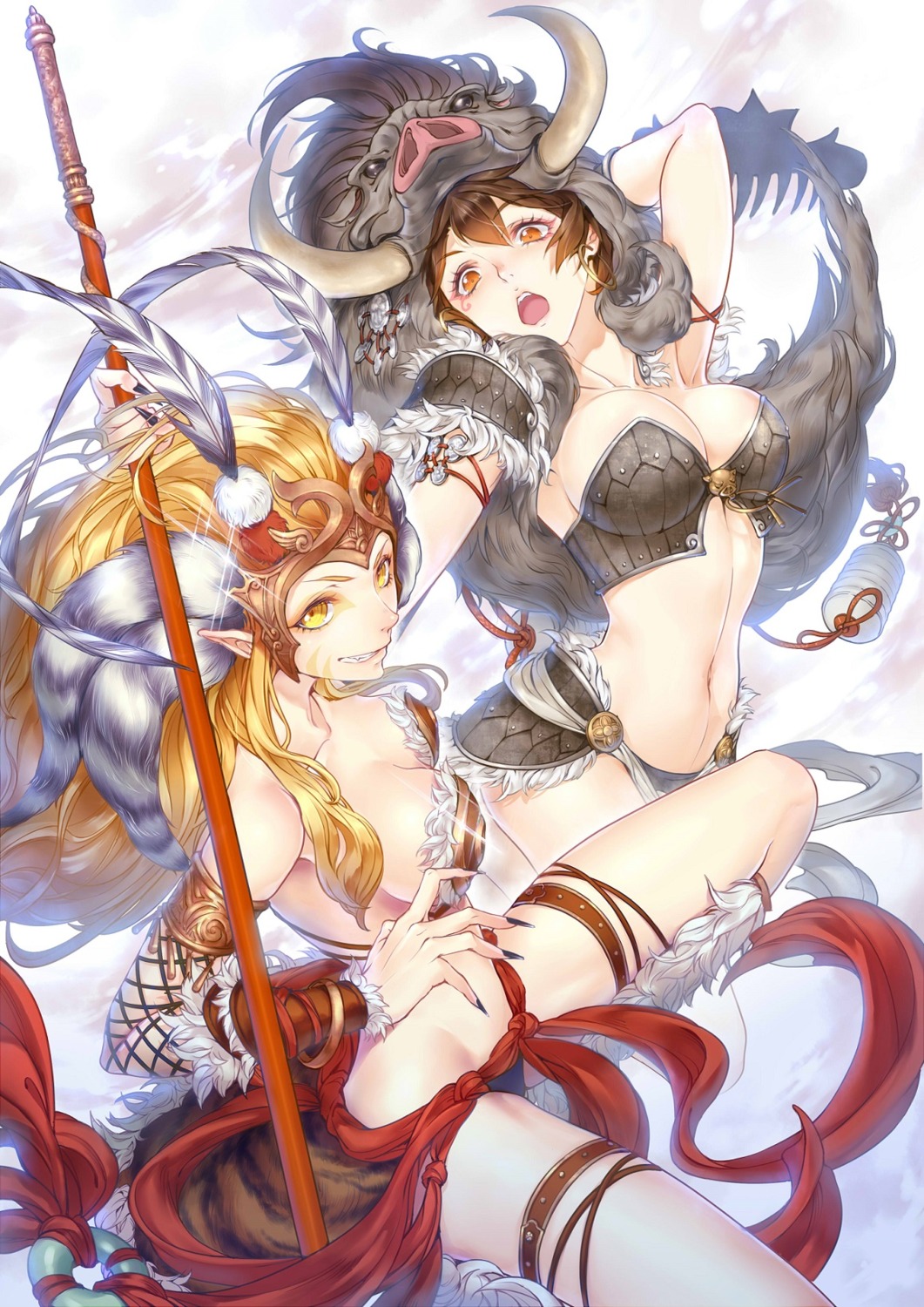 armor, bikini_armor, cleavage, esha, fishnets, garter, genderswap, journey_to_the_west, pointy_ears, sun_wukong, weapon, zhu_bajie
