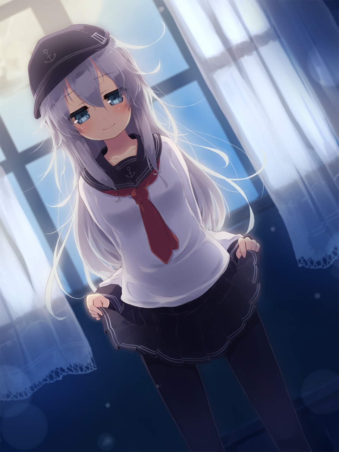 gengetsu_chihiro, hibiki_(kancolle), kantai_collection, seifuku, skirt_lift, thighhighs