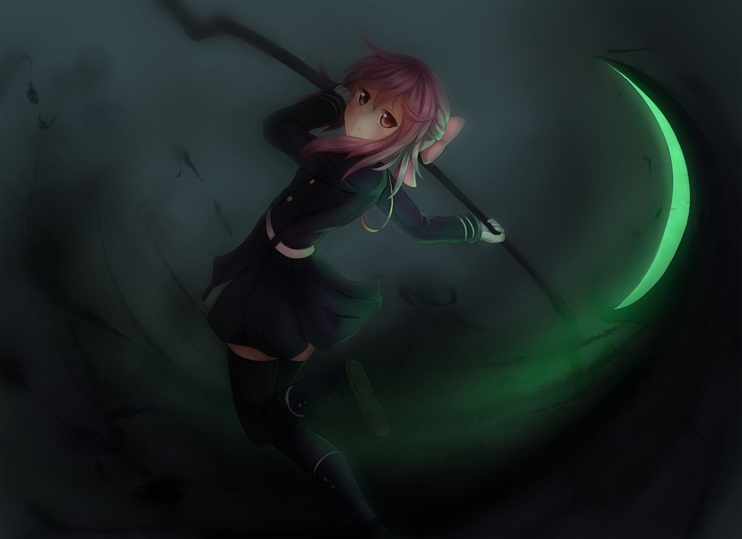 hiiragi_shinoa, onamae_kun, owari_no_seraph, seifuku, thighhighs, weapon