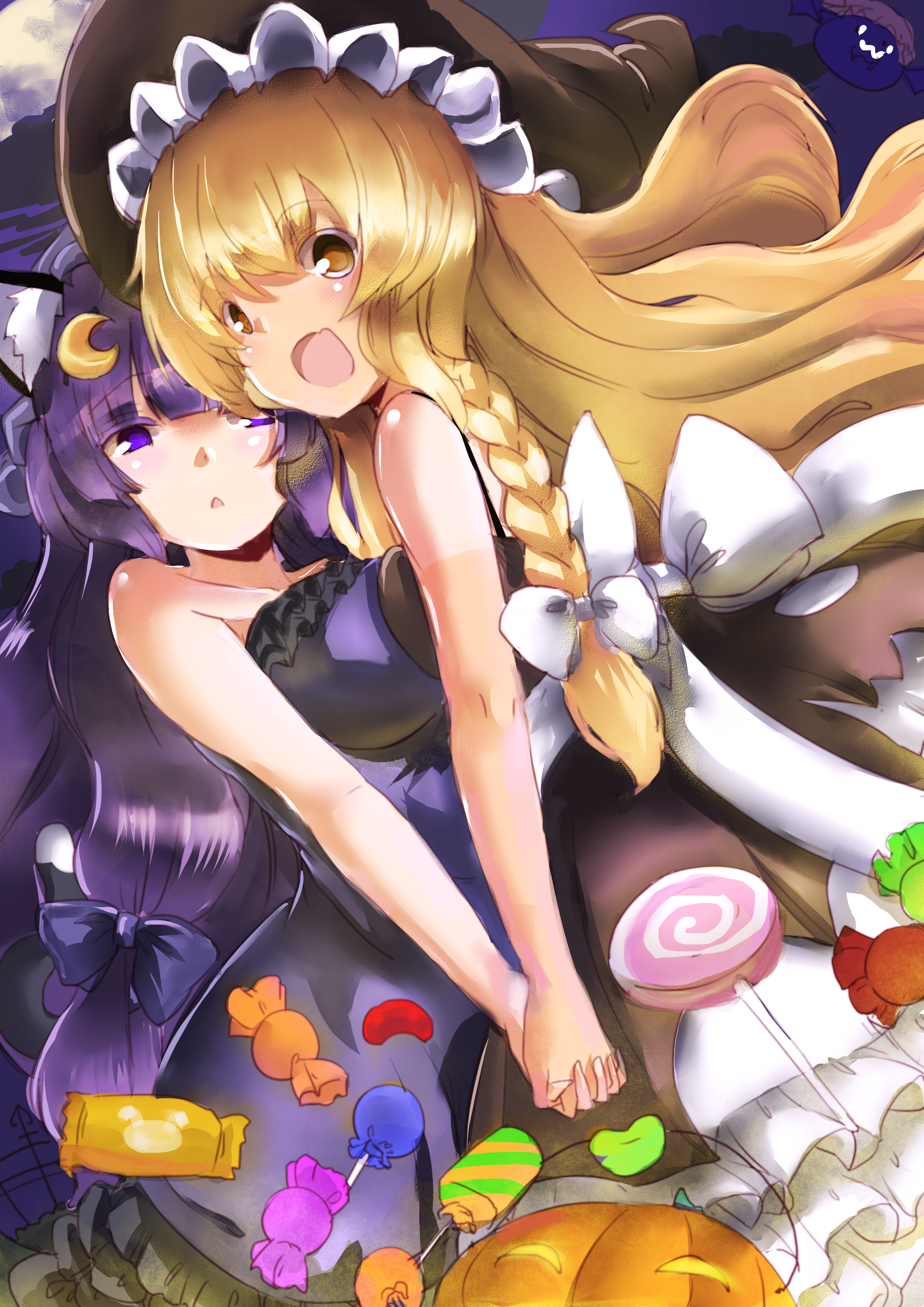 animal_ears, dress, halloween, kirisame_marisa, patchouli_knowledge, senbon_tsuki, symmetrical_docking, tail, touhou, witch