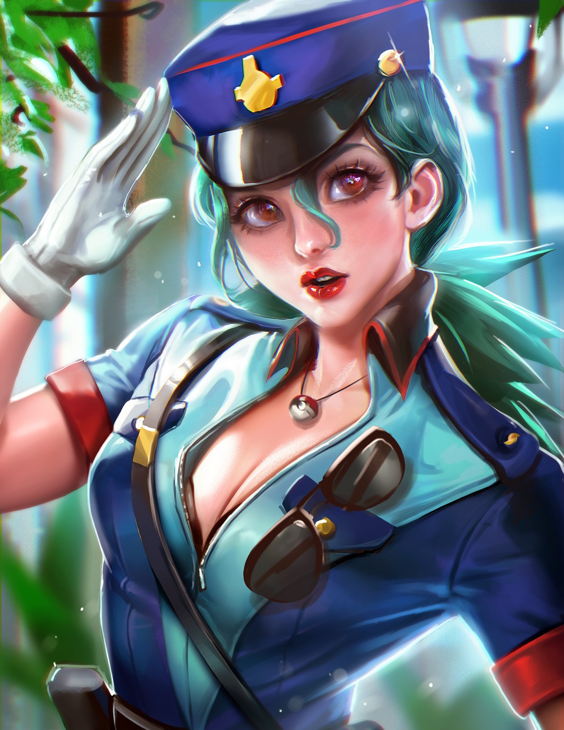 cleavage, junsaa_(pokemon), megane, open_shirt, pokemon, police_uniform, sakimichan
