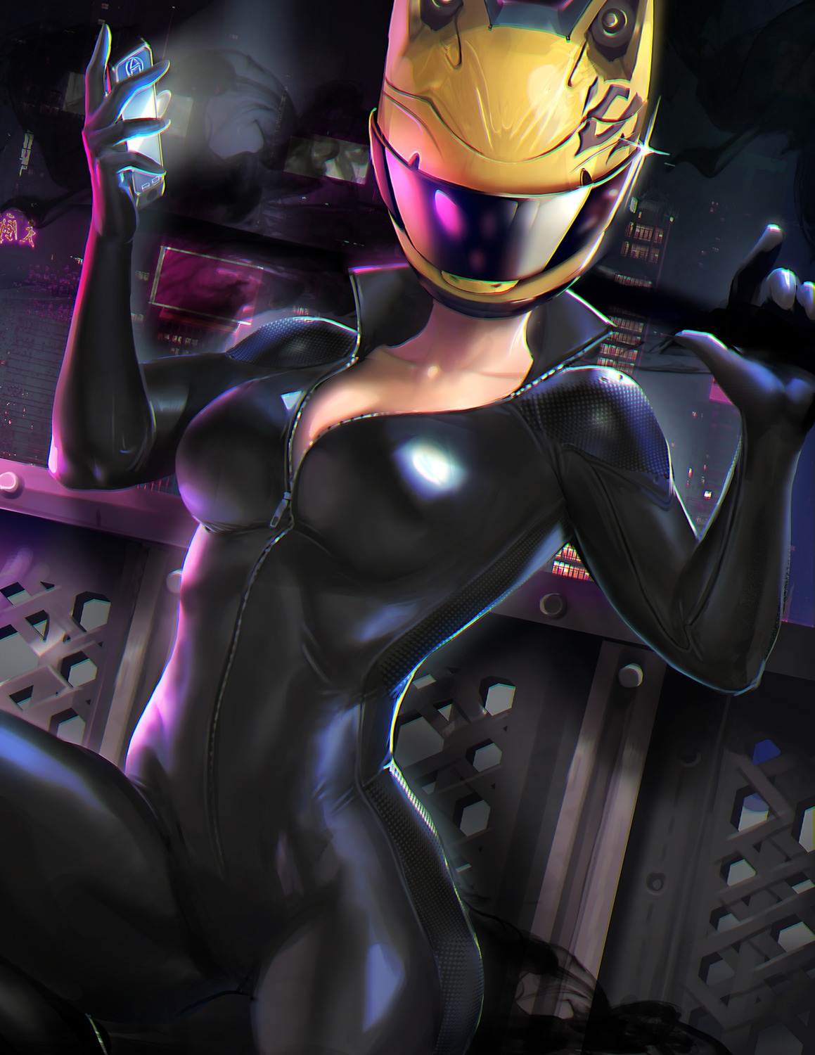 bodysuit, celty_sturluson, cleavage, durarara!!, open_shirt, sakimichan