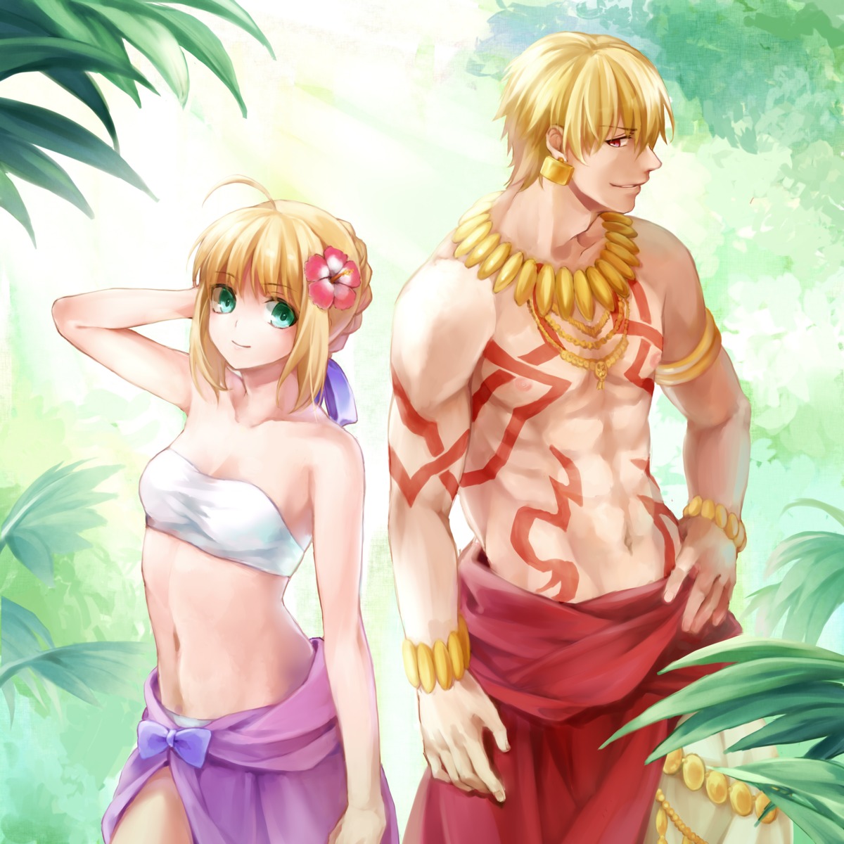 artoria_pendragon_(fate), bikini_top, cleavage, fate/stay_night, gilgamesh_(fate), ha84no, swimsuits, tattoo