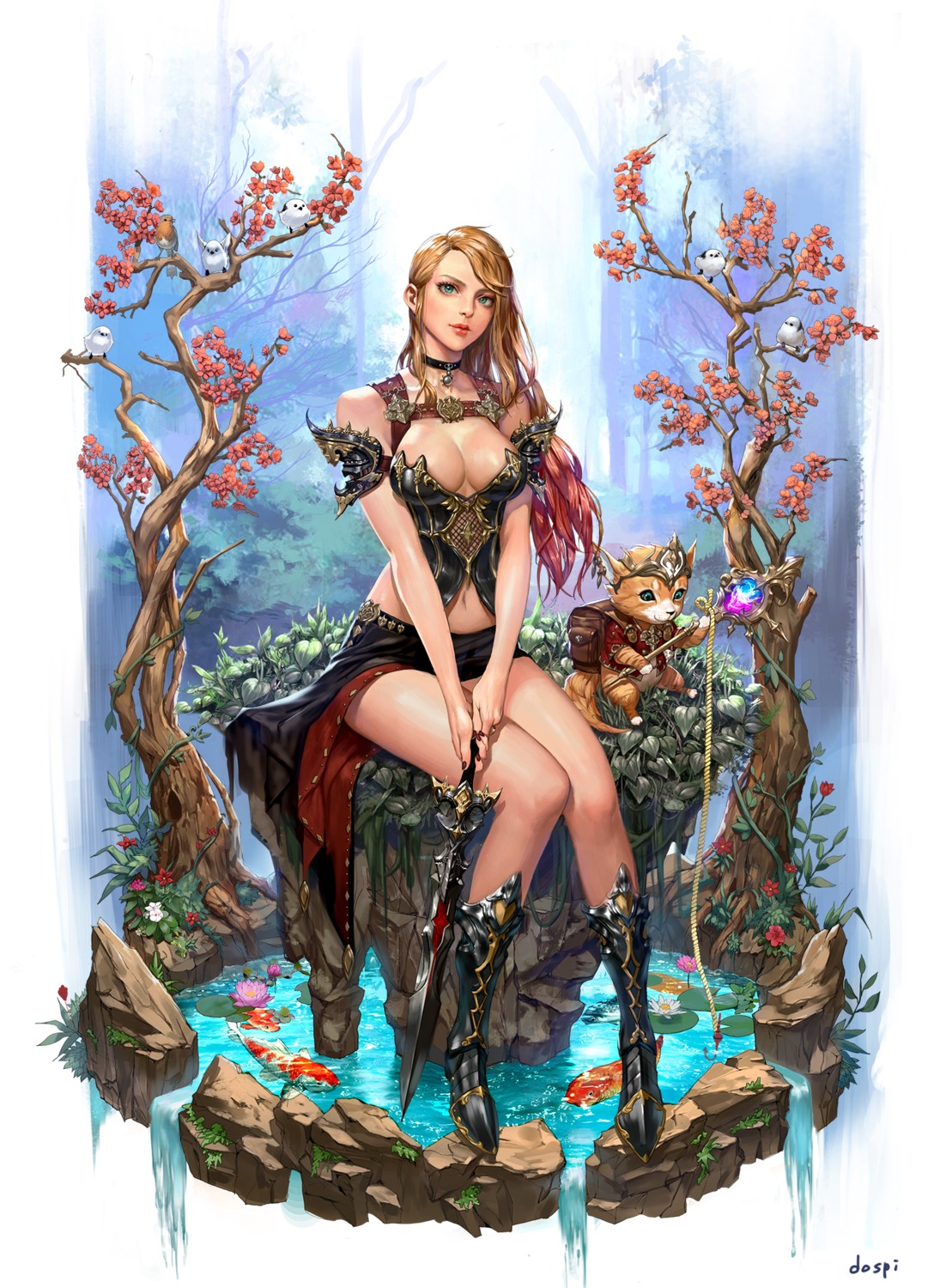 armor, cleavage, dospi, fishnets, no_bra, sword