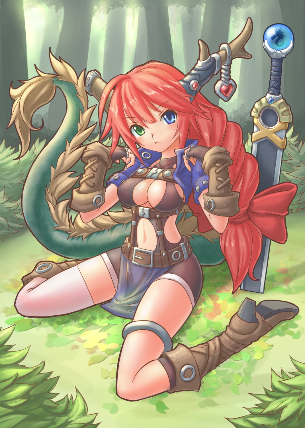 cleavage, heels, horns, no_bra, ranken, sword, tail, thighhighs