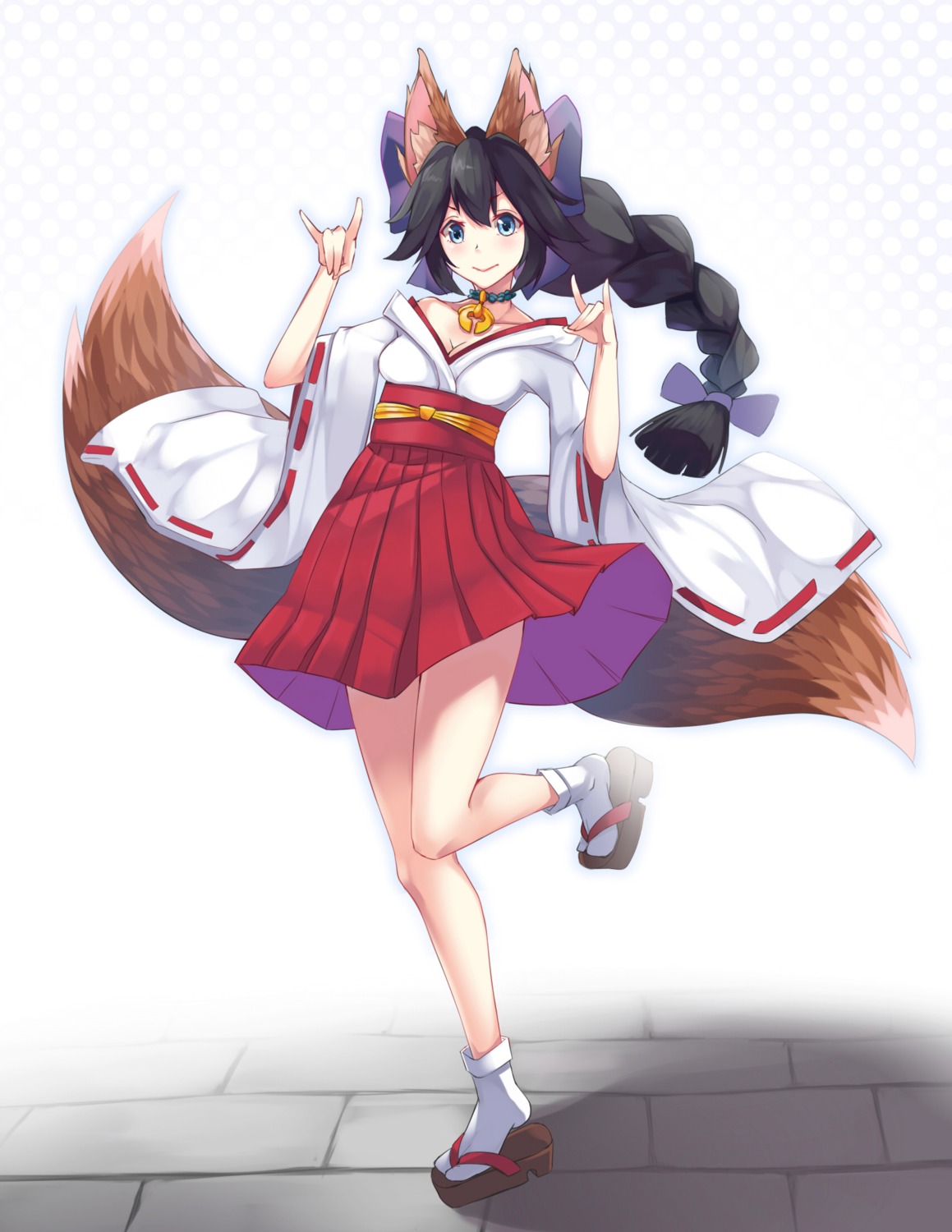 animal_ears, kitsune, mhong, miko, open_shirt, tail