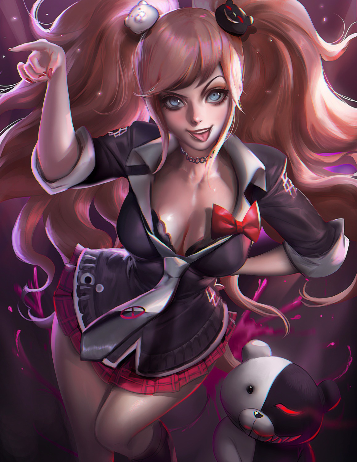 bra, cleavage, dangan-ronpa, enoshima_junko, monokuma, open_shirt, sakimichan, seifuku