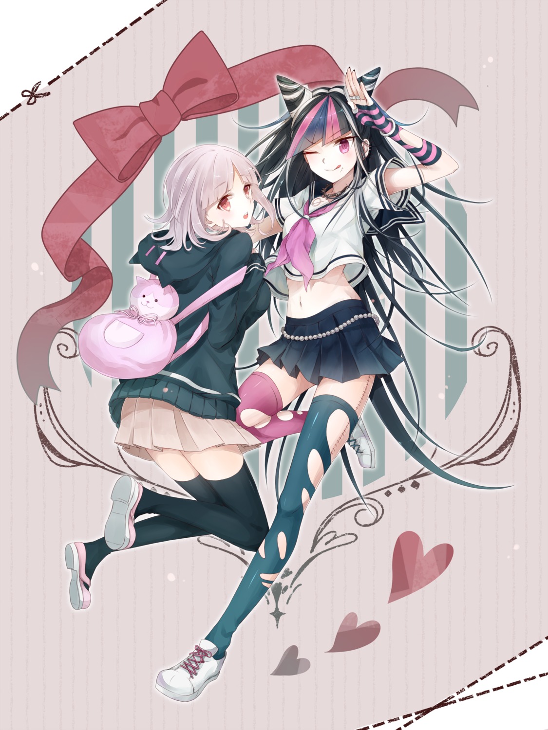 dangan-ronpa, dangan-ronpa_2, kapiora, mioda_ibuki, nanami_chiaki, seifuku, thighhighs, torn_clothes