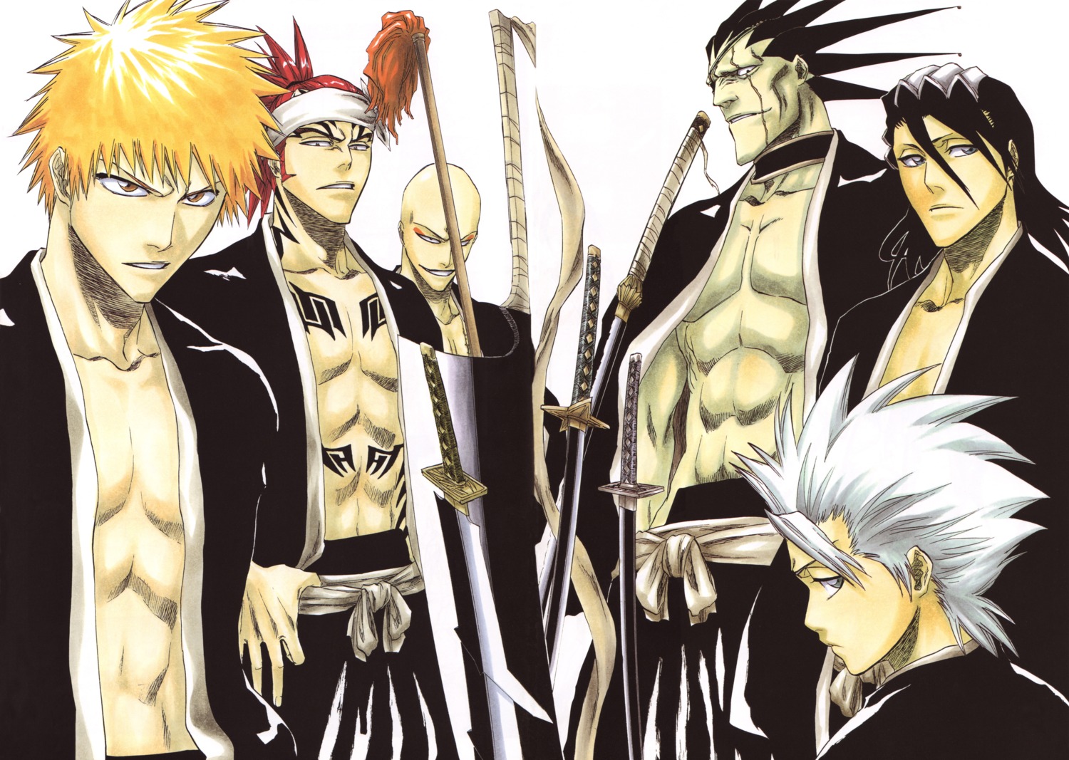 abarai_renji, bleach, hitsugaya_toushirou, kubo_tite, kuchiki_byakuya, kurosaki_ichigo, madarame_ikkaku, male