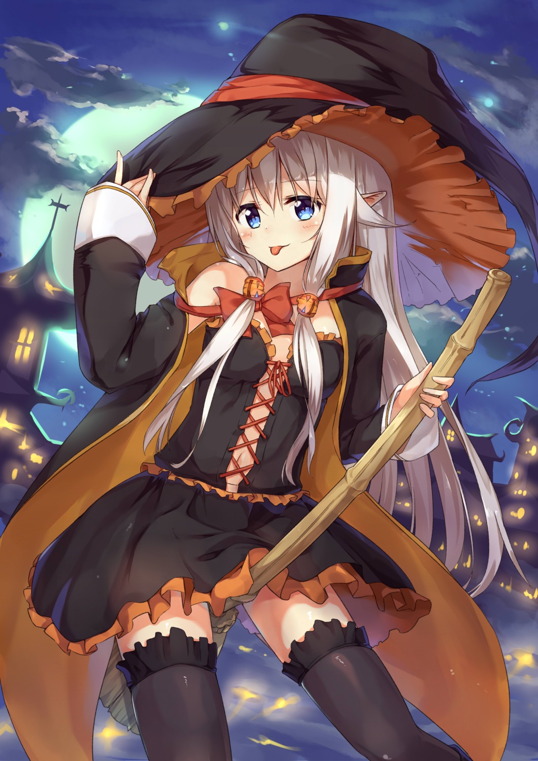 dress, halloween, no_bra, open_shirt, pointy_ears, ruma_imaginary, thighhighs, witch