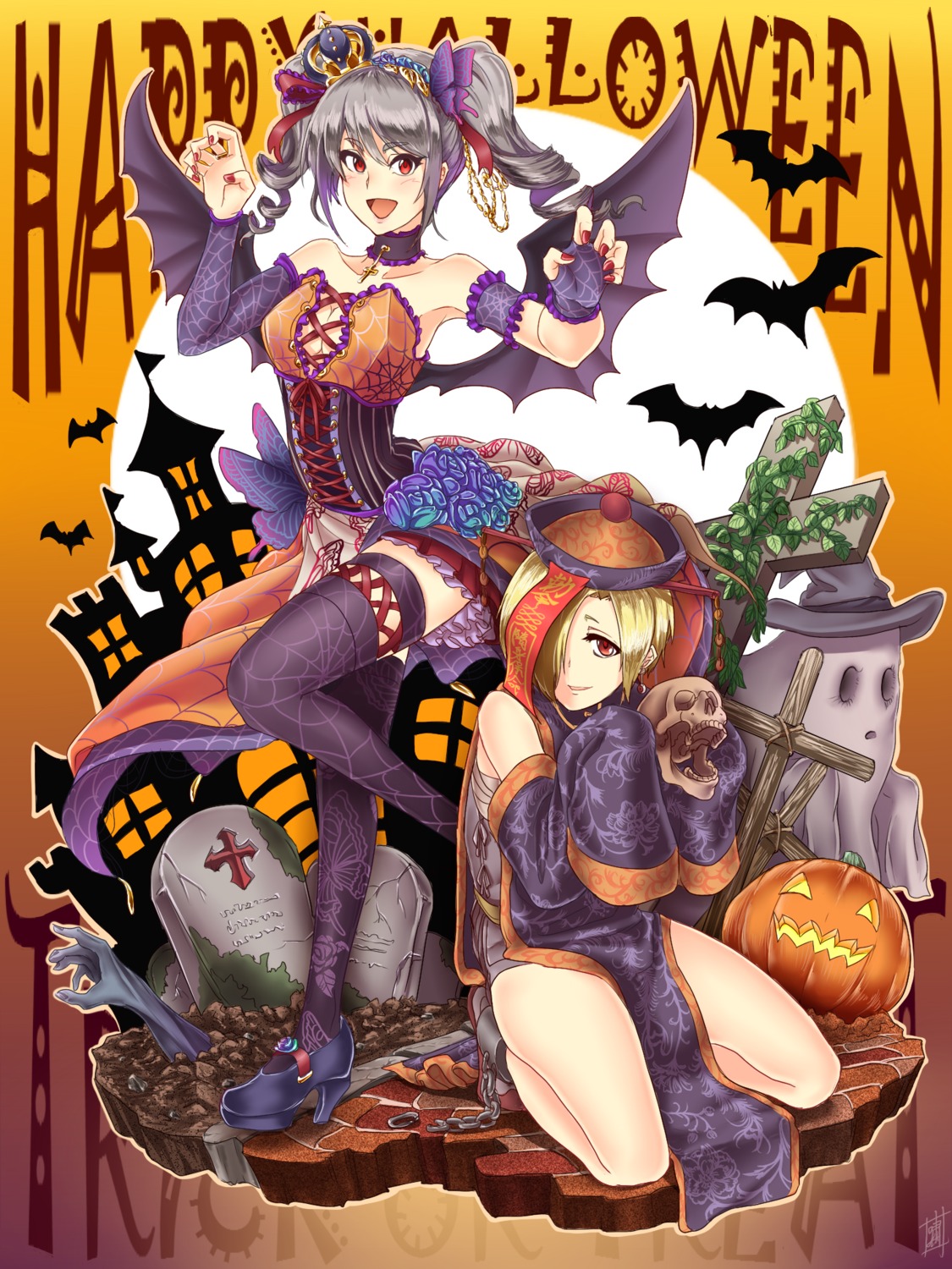 cleavage, halloween, heels, kanzaki_ranko, no_bra, sarashi, shao_(newton), shirasaka_koume