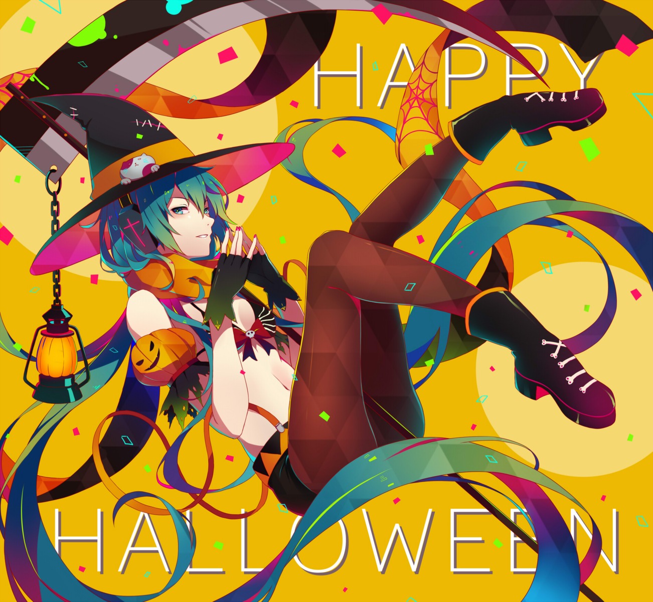 bikini_top, cleavage, halloween, hatsune_miku, headphones, heels, ng_(chaoschyan), pantyhose