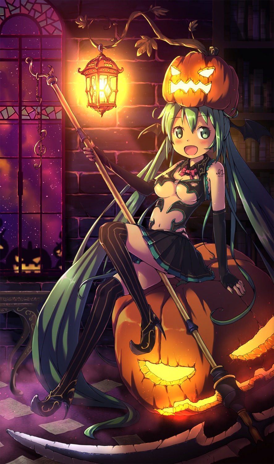 akisorapx, halloween, hatsune_miku, heels, no_bra, tattoo, thighhighs, underboob