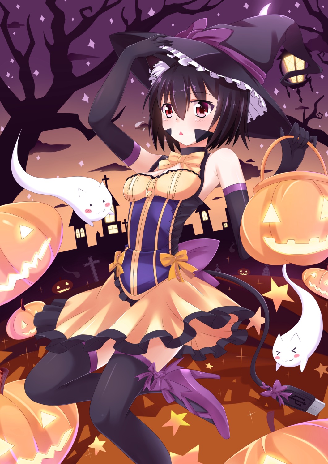 animal_ears, cleavage, halloween, heels, nugi_(armenci), tail, thighhighs, witch