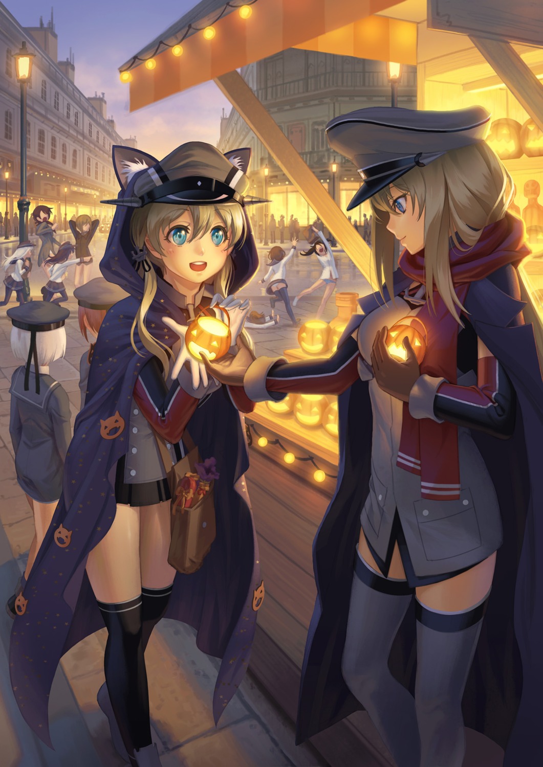 akatsuki_(kancolle), animal_ears, bismarck_(kancolle), erica_hartmann, francesca_lucchini, gertrud_barkhorn, halloween, hibiki_(kancolle)