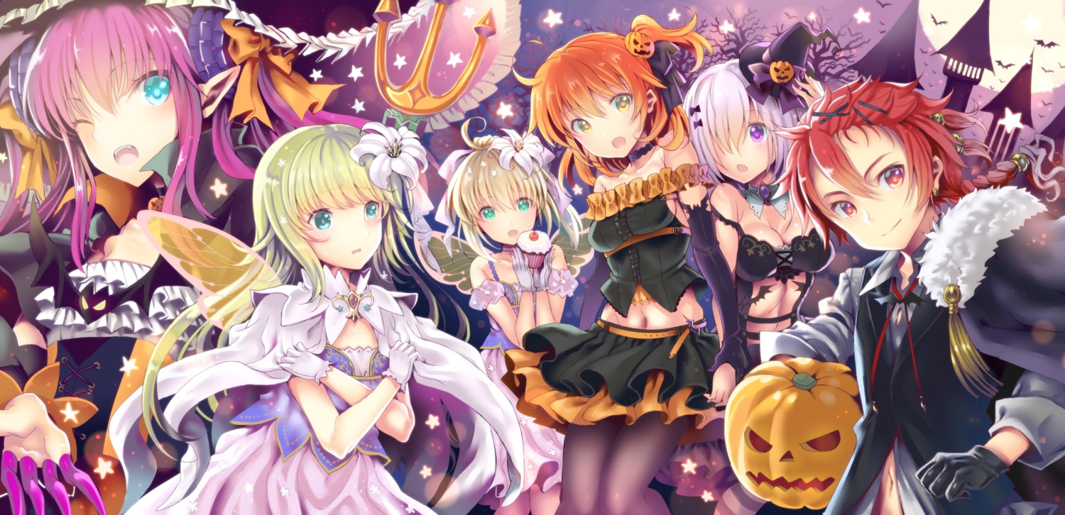 alexander_(fate/grand_order), artoria_pendragon_(fate), chevalier_d'eon_(fate/grand_order), cleavage, elizabeth_bathory, fate/grand_order, fujimaru_ritsuka_(female), halloween, horns, kiryuu_mina, mash_kyrielight, pantyhose, pointy_ears, wings, witch