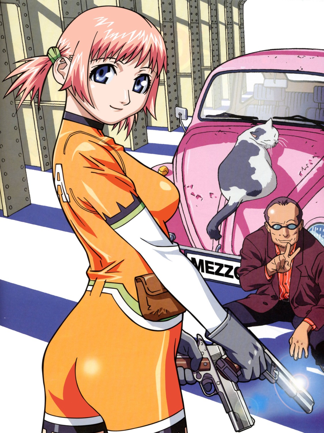 ass, bodysuit, gun, kurokawa_kenichi, megane, mezzo_forte, neko, suzuki_mikura