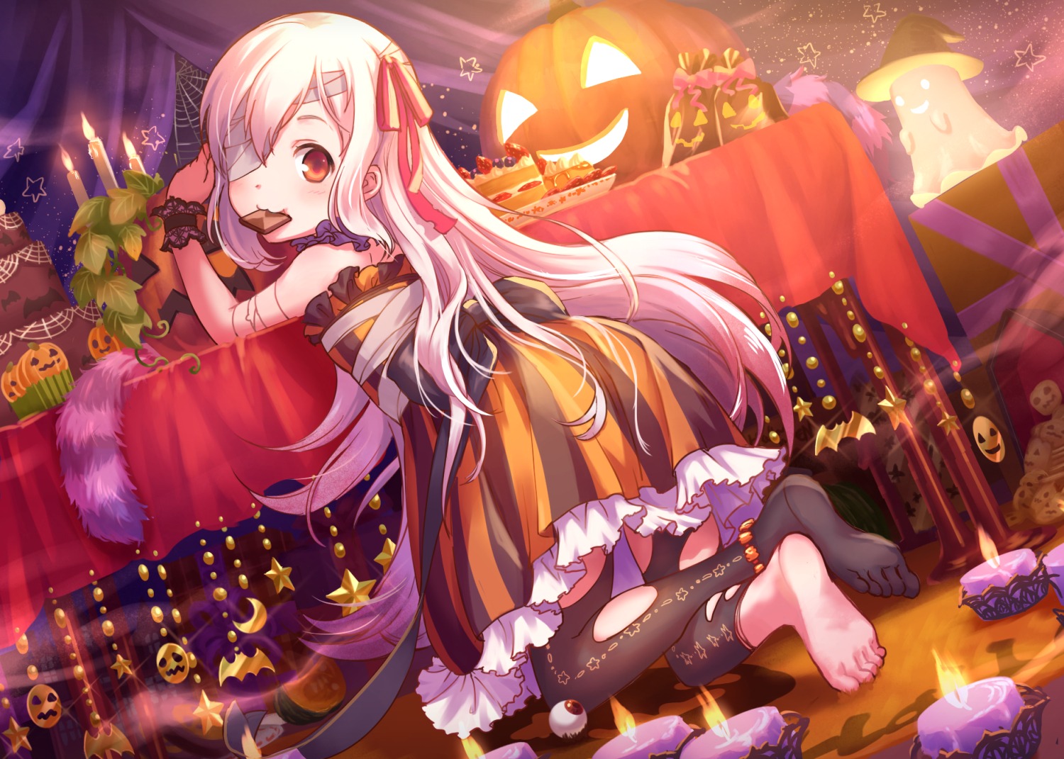 bandages, dress, feet, halloween, maruyama-jp, thighhighs, torn_clothes