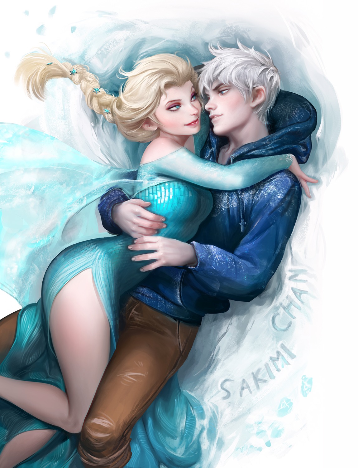 dress, elsa_(frozen), frozen, jack_frost_(rise_of_the_guardians), sakimichan