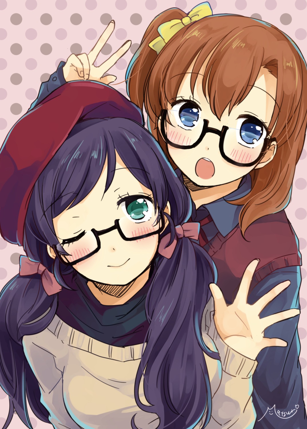 kousaka_honoka, love_live!, love_live!_(series), matsuri_(artist), megane, sweater, toujou_nozomi