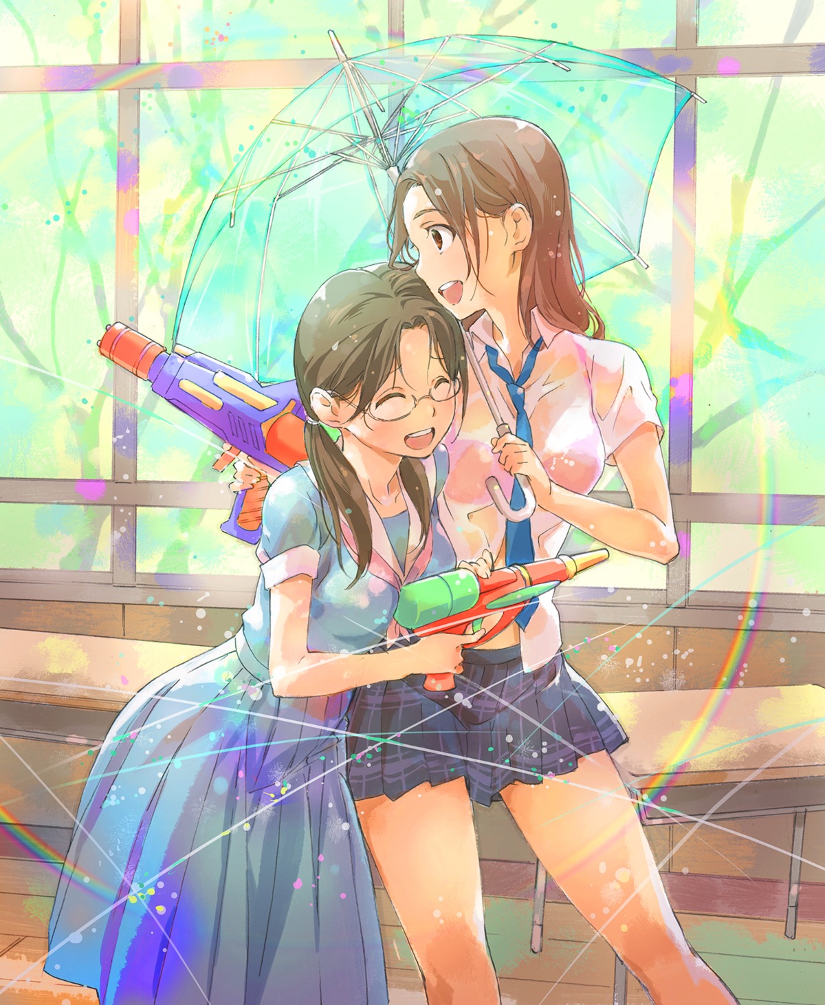 bra, gun, hosoi_mieko, megane, see_through, seifuku, umbrella, wet_clothes, yakusoku~sunnyrain_memories~