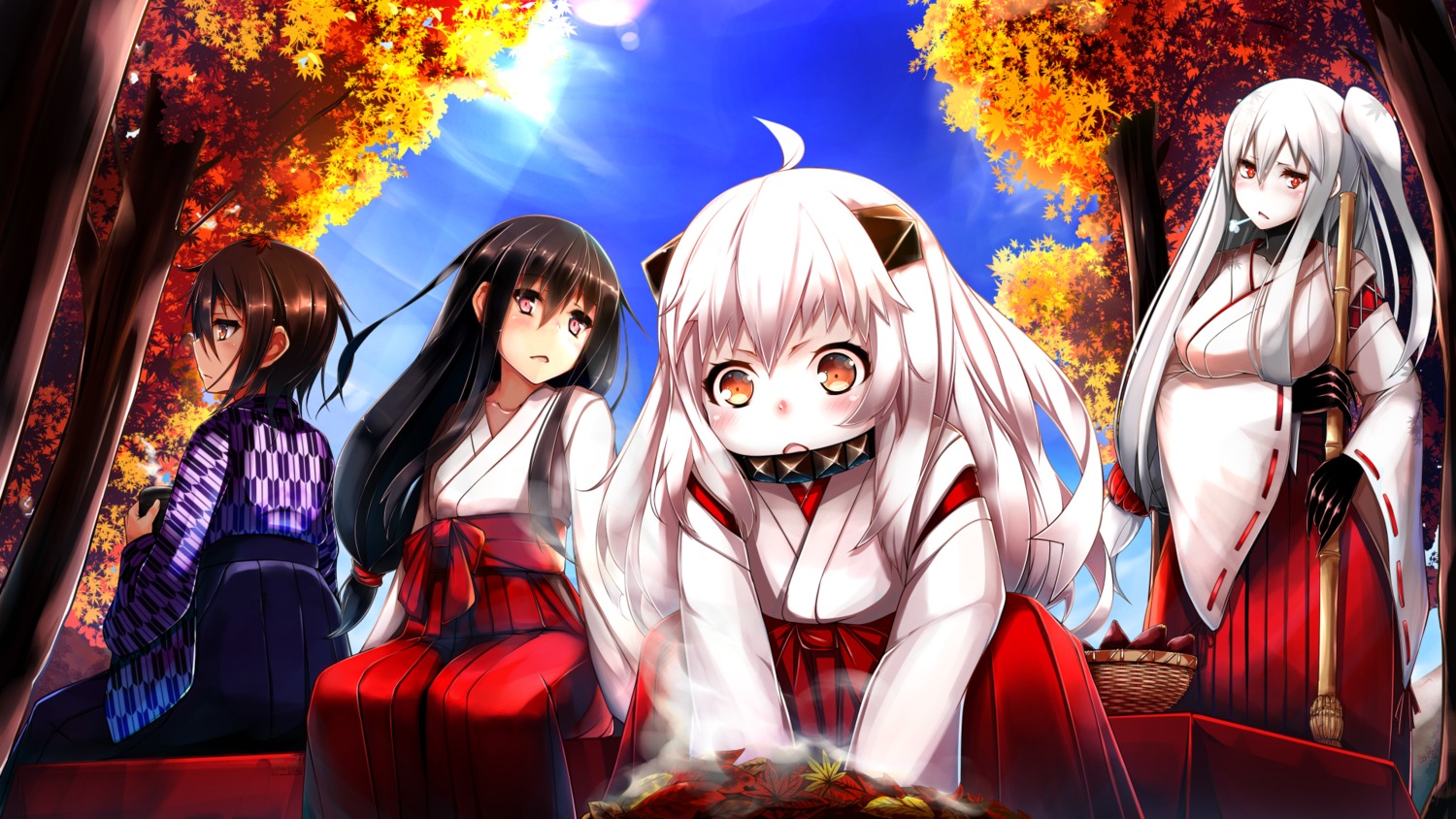 aircraft_carrier_oni, fuuki_(nicoseiga), hatsushimo_(kancolle), horns, japanese_clothes, kantai_collection, miko, northern_ocean_hime