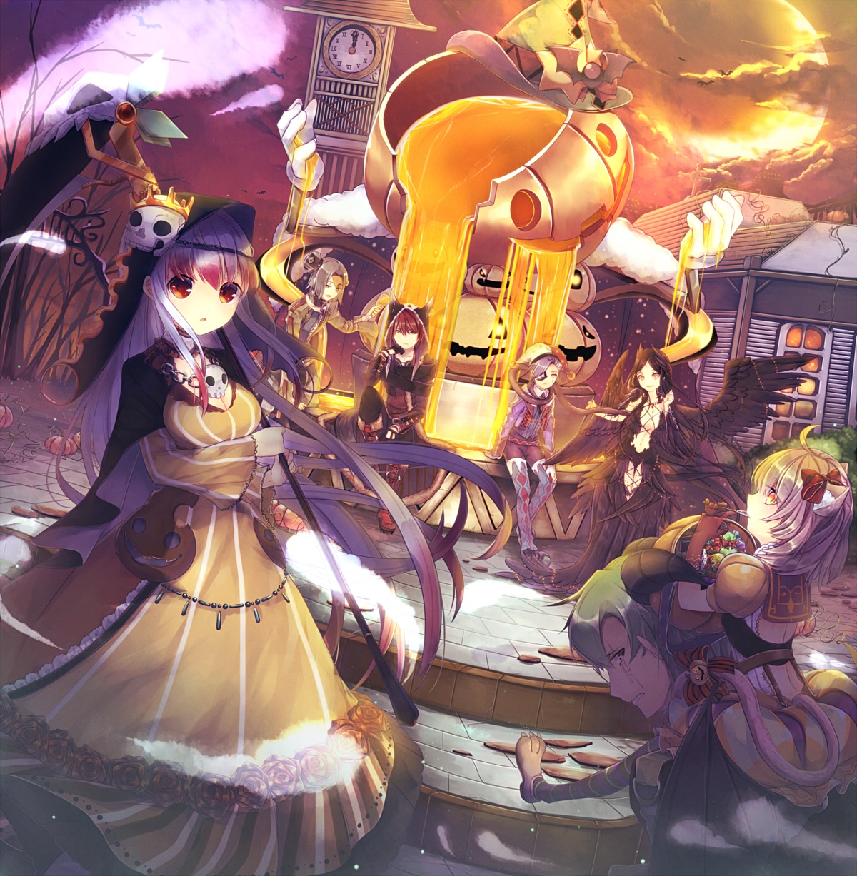 animal_ears, aoi_koto_madoka, bike_shorts, cleavage, dress, eyepatch, halloween, horns, no_bra, tail, thighhighs, weapon, wings