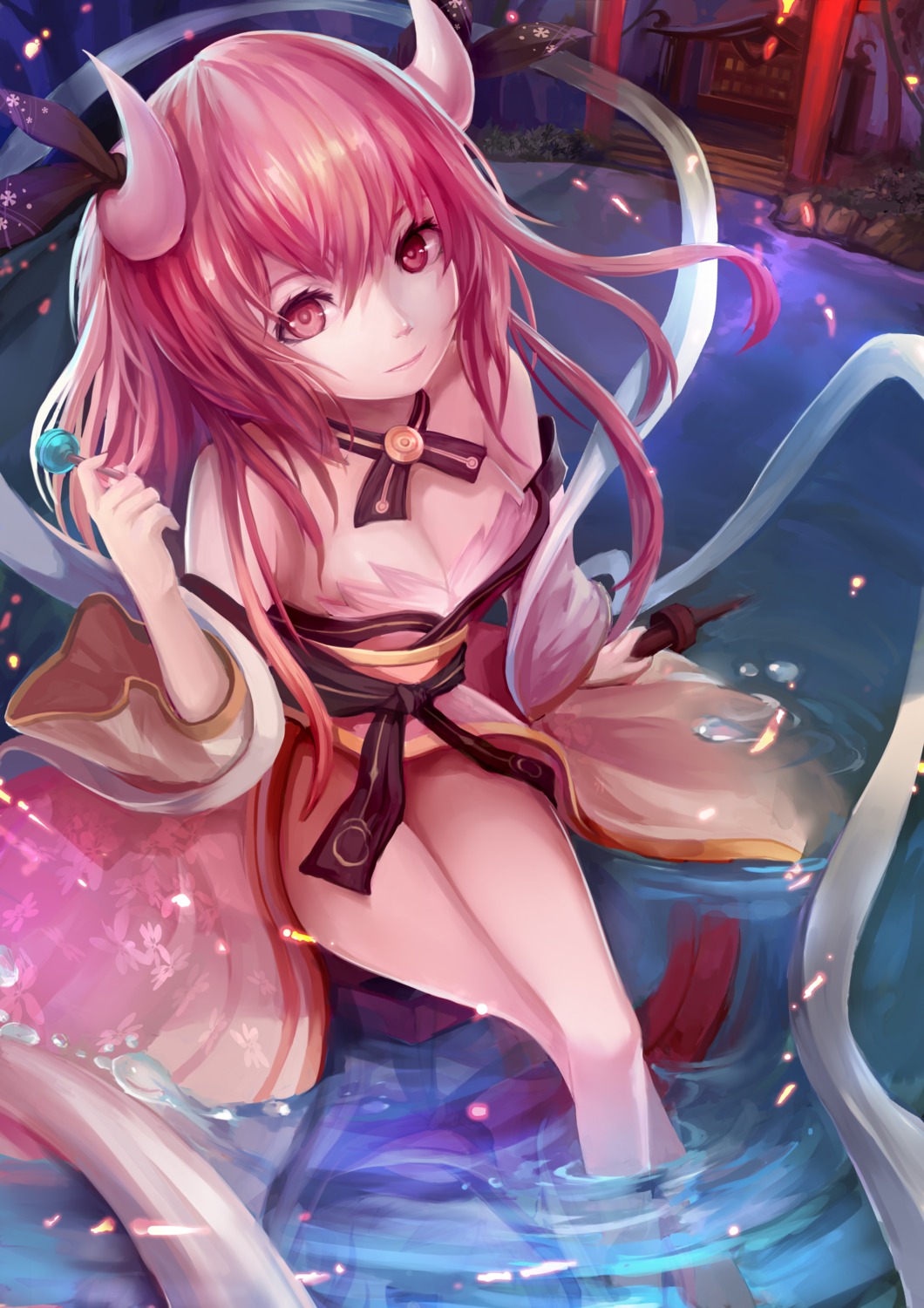 cleavage, date_a_live, ensinn, horns, itsuka_kotori, kimono, open_shirt, wet