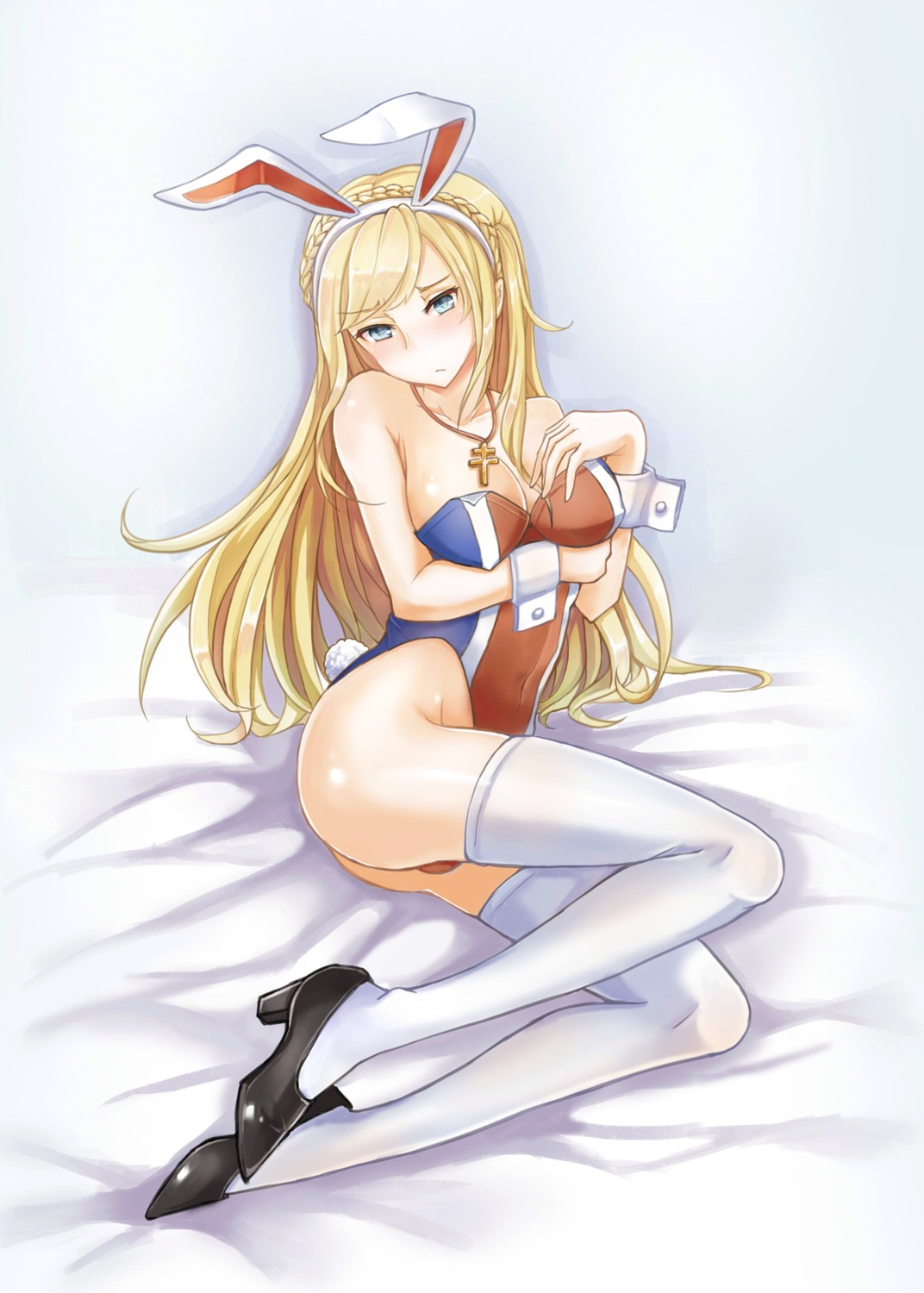 animal_ears, ass, breast_hold, bunny_ears, bunny_girl, cleavage, heels, nopan