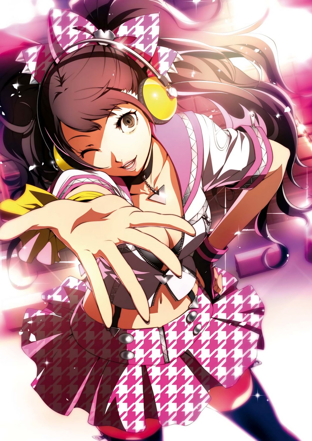 bikini_top, cleavage, headphones, kujikawa_rise, megaten, open_shirt, persona, persona_4