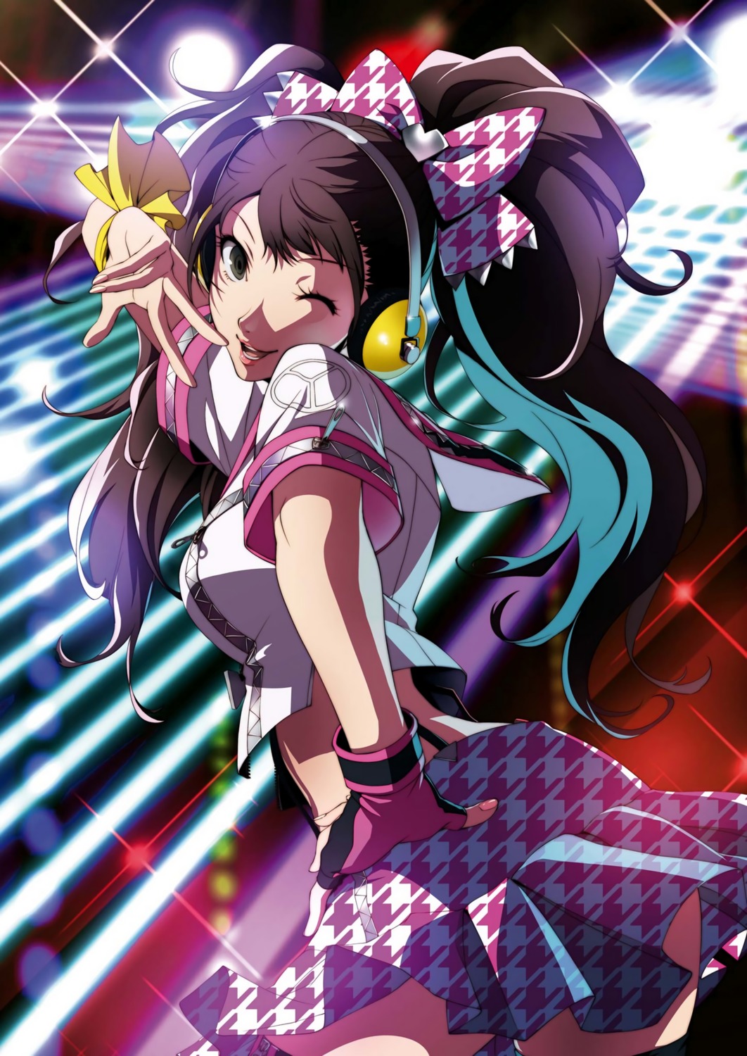 bikini_top, headphones, kujikawa_rise, megaten, open_shirt, persona, persona_4, persona_4:_dancing_all_night